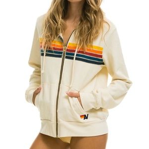 Aviator Nation 5 Stripe Creme Cream Hoodie XL GUC Zip Sweater Drawstring